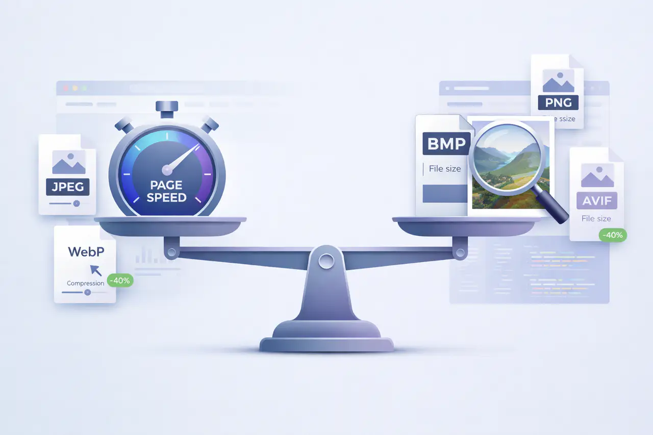 Illustration comparing image formats and their compression impact on page speed, showing a balanced scale and performance gauge