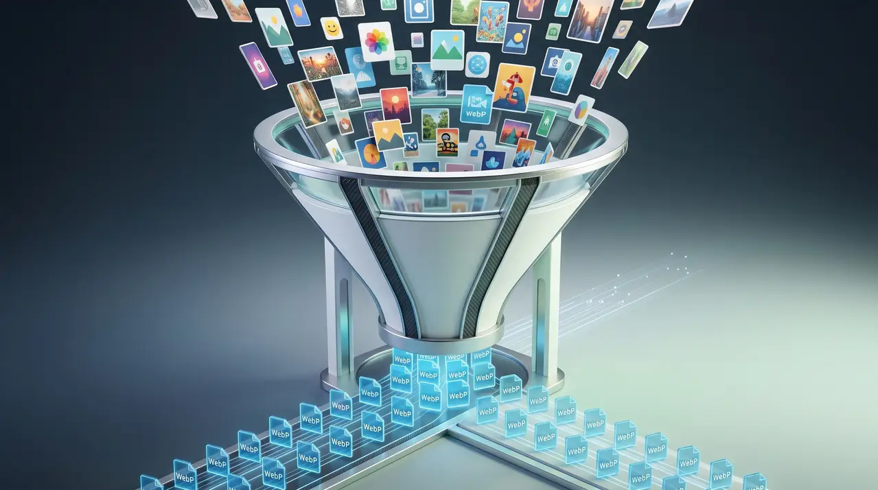 A central futuristic funnel processes a cascade of assorted image files into organized rows of uniform WebP