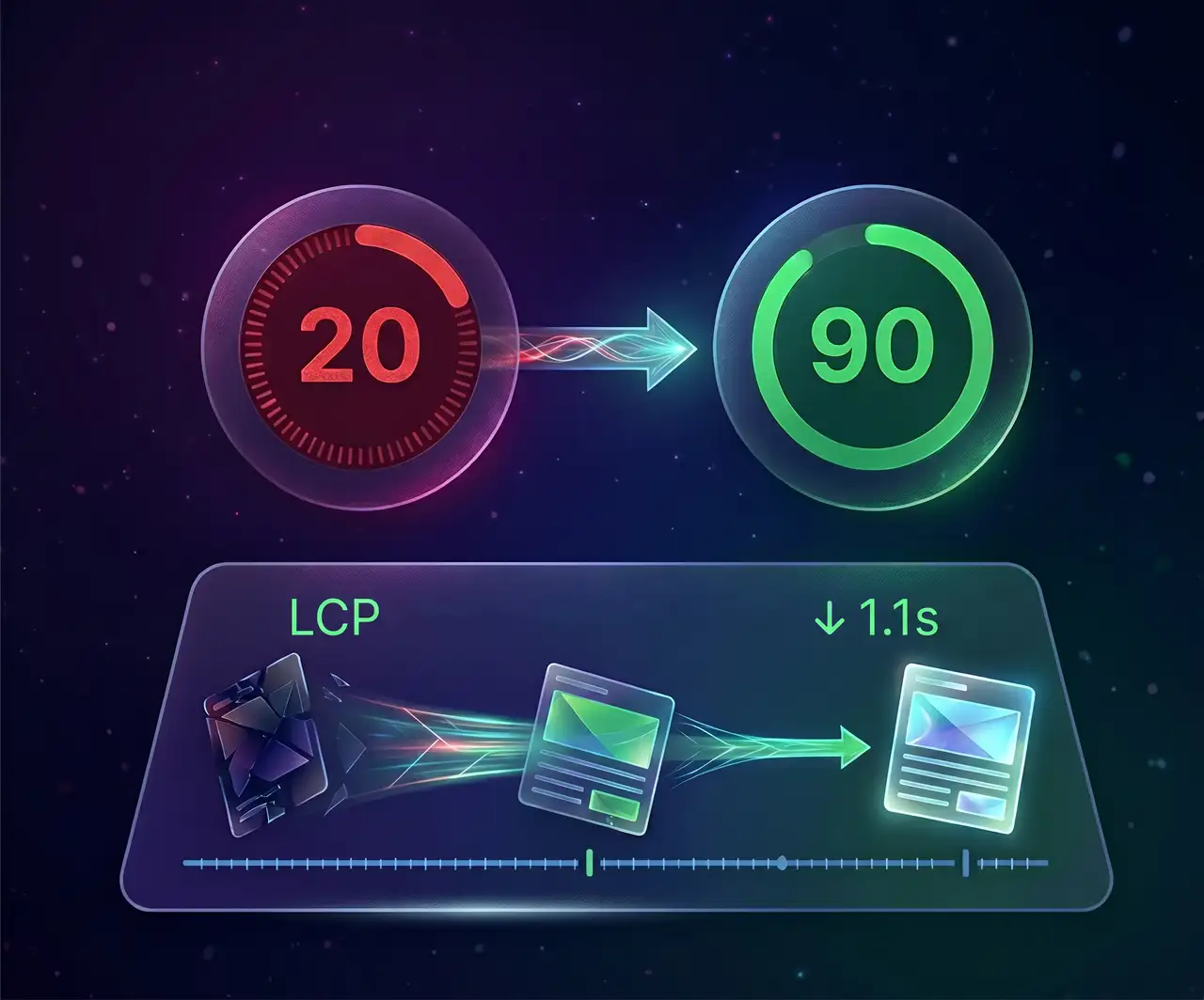 A performance dashboard graphic displaying a score improving from a red 20 to a green 90 alongside an LCP improvement to 1.1s
